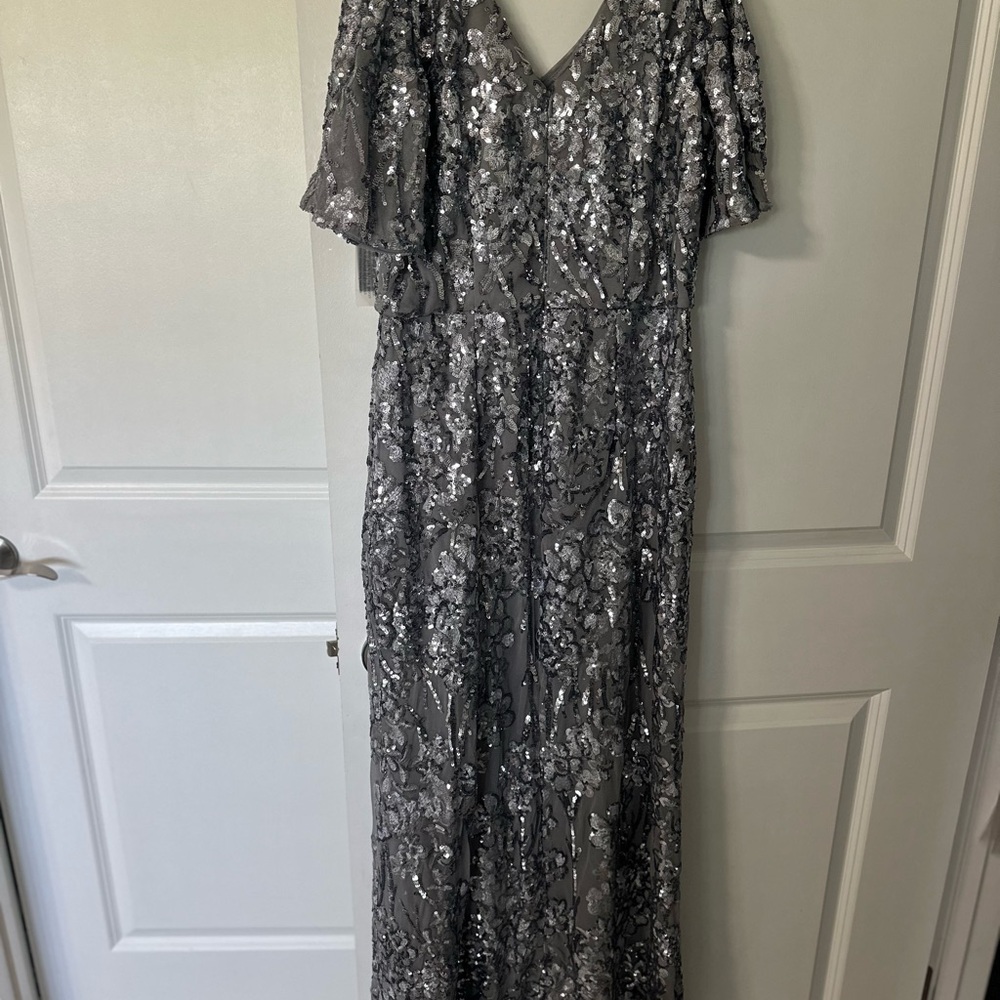 Alex Evenings Silver Sequin Maxi Gown with Flutter Sleeves